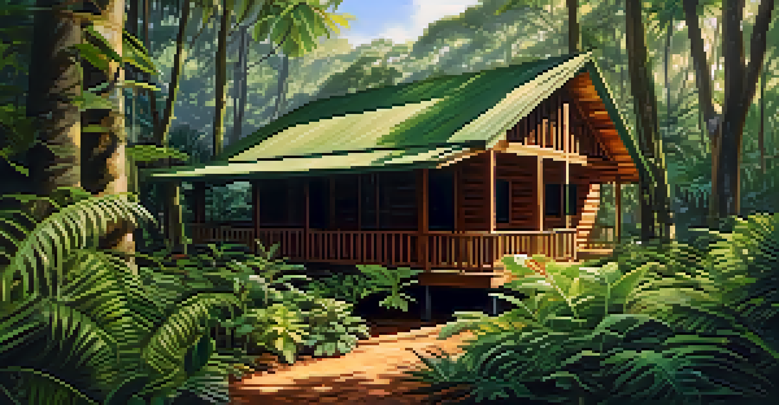 A wooden cabin in the Atlantic Forest surrounded by lush vegetation and sunlight filtering through the trees.