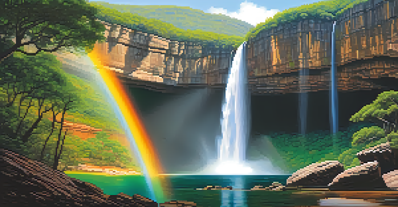 The Fumaça Waterfall in Chapada Diamantina, with water cascading down cliffs and a rainbow appearing in the mist, surrounded by rugged rocks and lush greenery.