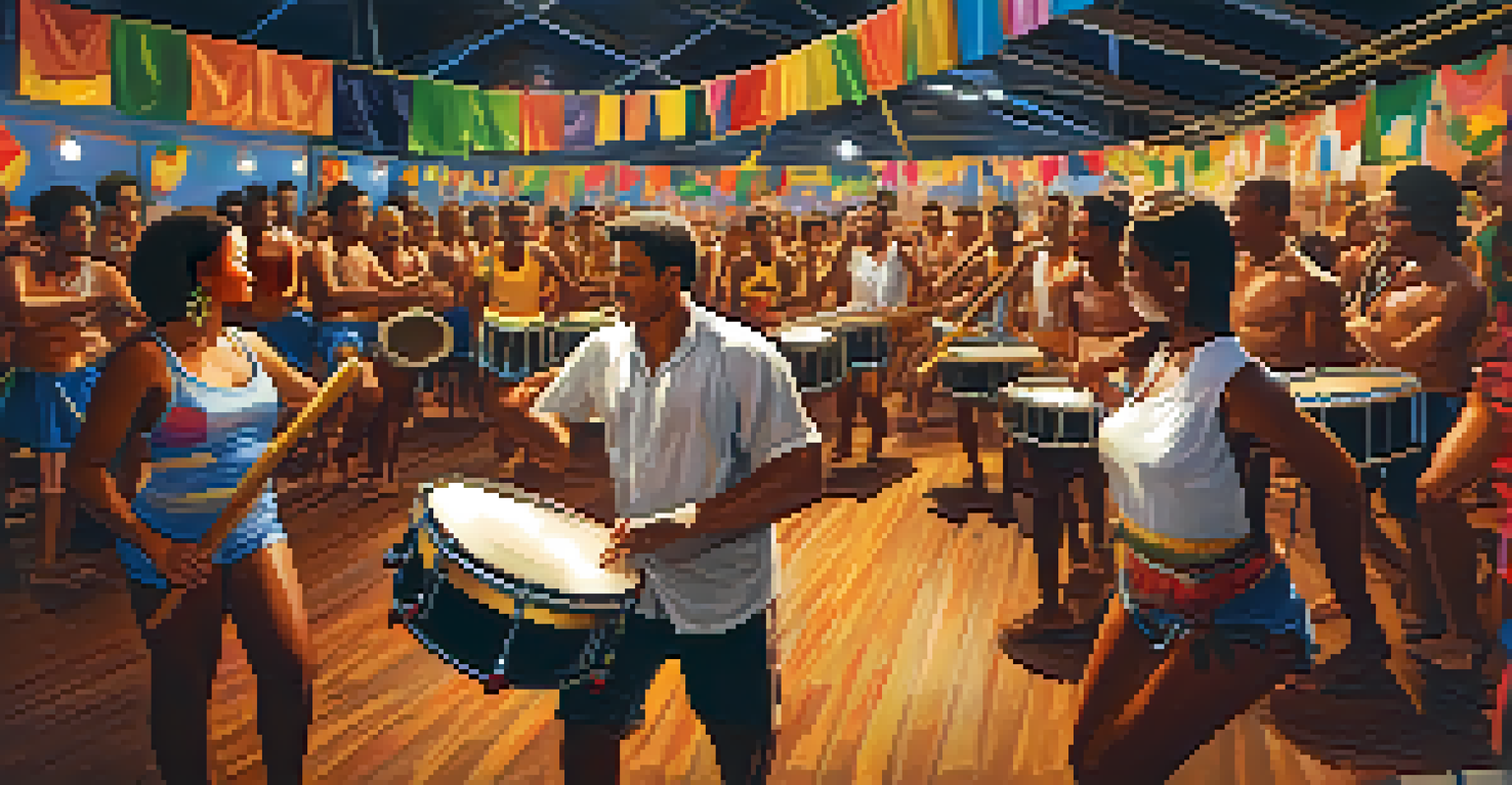 A samba school rehearsal featuring dancers practicing choreography, surrounded by musical instruments and vibrant banners.