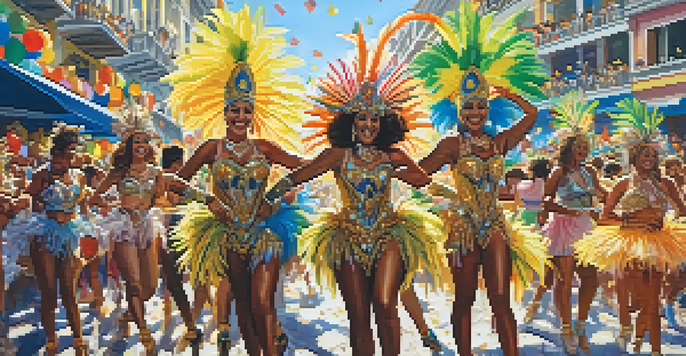 A lively Carnival celebration in Rio with dancers in colorful feathered costumes, surrounded by bright floats and a cheering crowd under the sun.