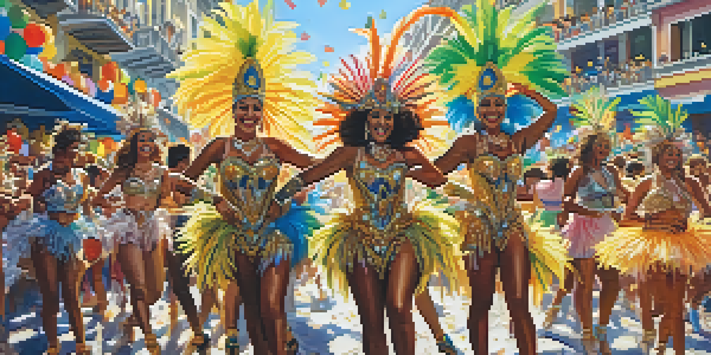 A lively Carnival celebration in Rio with dancers in colorful feathered costumes, surrounded by bright floats and a cheering crowd under the sun.
