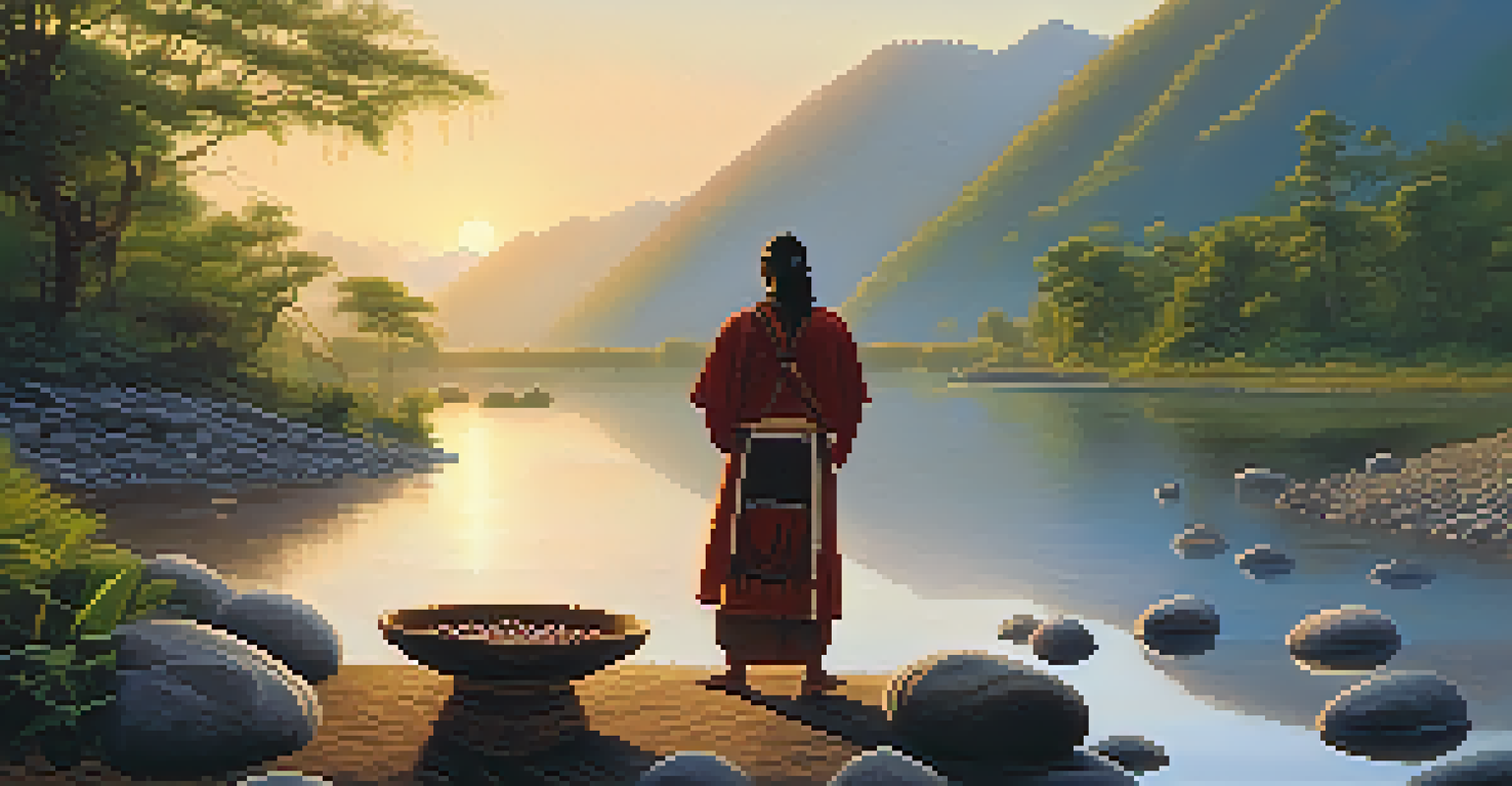 A tranquil river flowing through a green valley with an indigenous shaman performing a ritual by the water's edge during sunrise.