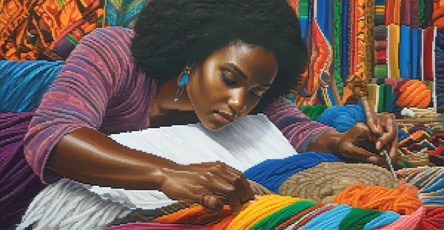 Close-up of an Afro-Brazilian artist weaving a colorful textile piece, with vibrant fabrics and traditional tools in the background.