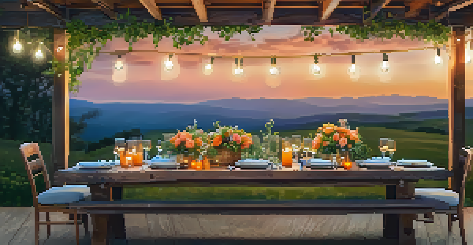 An outdoor dining setup at sunset with a rustic table, fresh flowers, organic dishes, and fairy lights against rolling hills.