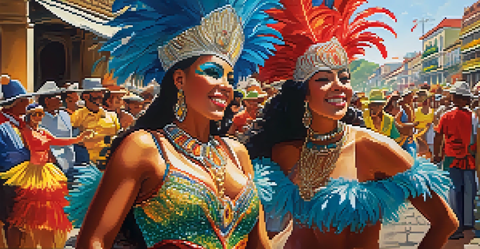 A lively Carnaval celebration in Brazil with samba dancers in bright costumes and historic buildings in the background.
