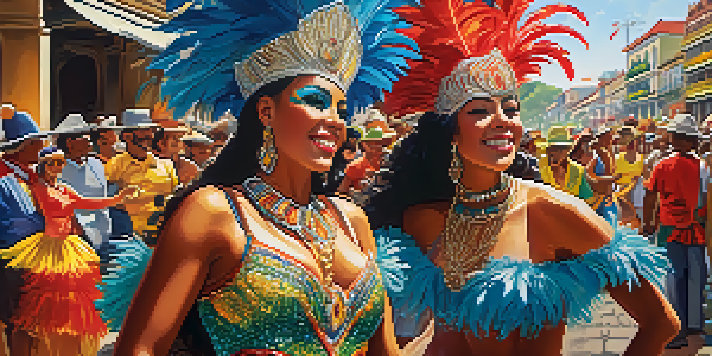 A lively Carnaval celebration in Brazil with samba dancers in bright costumes and historic buildings in the background.