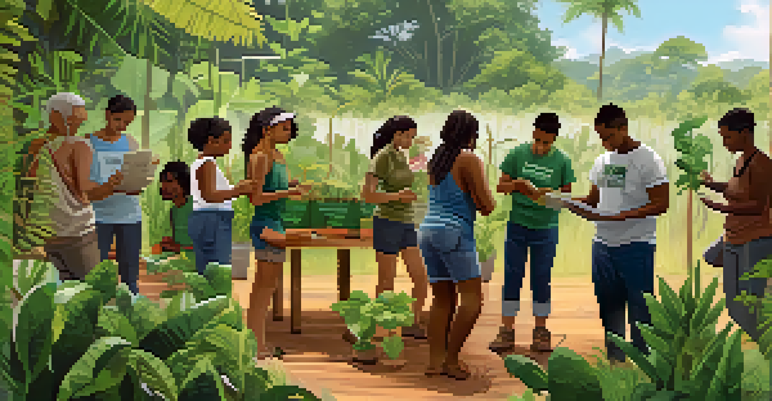 A community workshop focused on sustainable practices, featuring diverse participants planting seeds and discussing Brazilian flora conservation, surrounded by greenery.