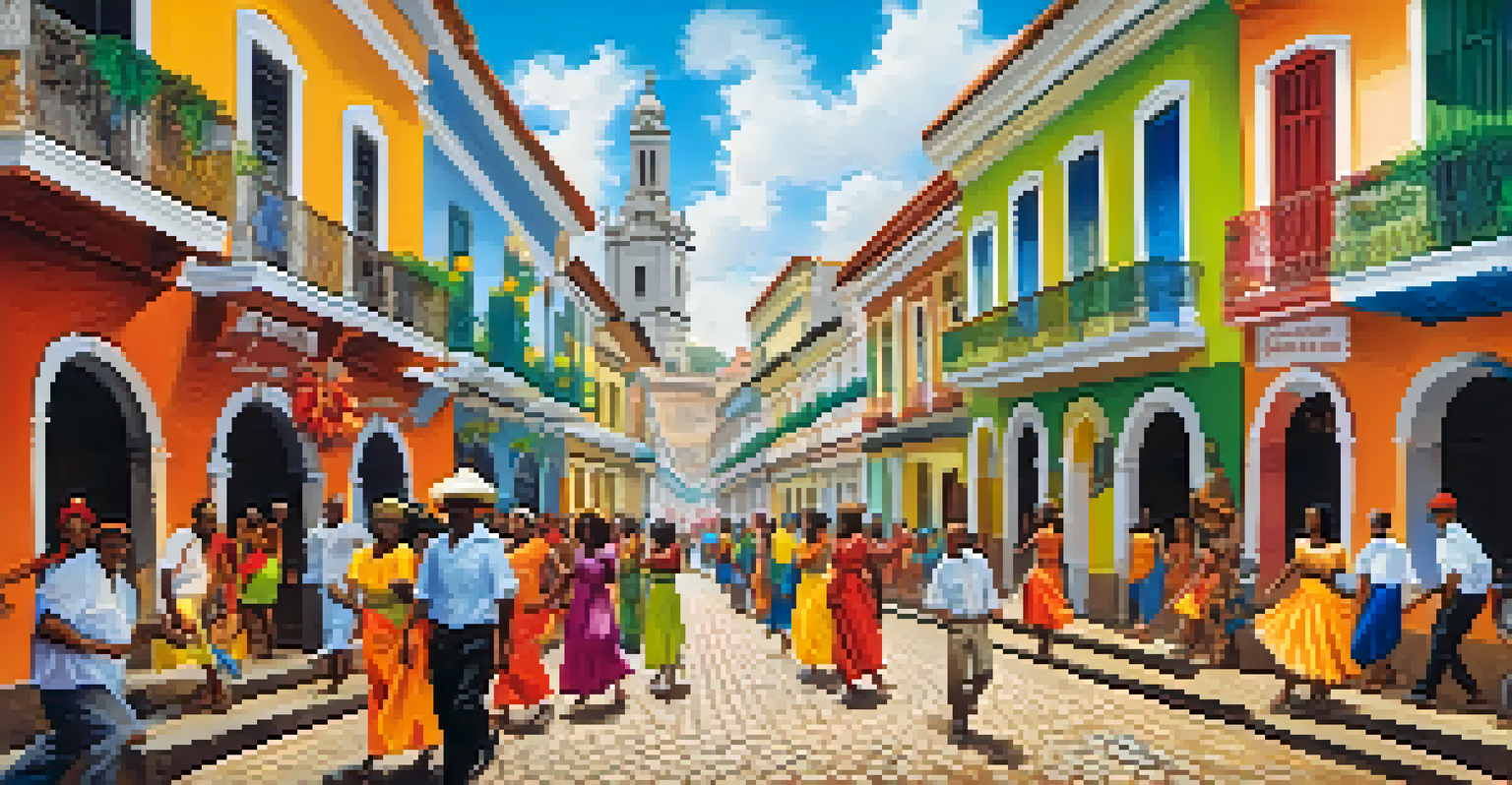 A vibrant street scene in Salvador, Brazil, with colorful colonial buildings, local artisans, and people engaging in traditional music and dance.
