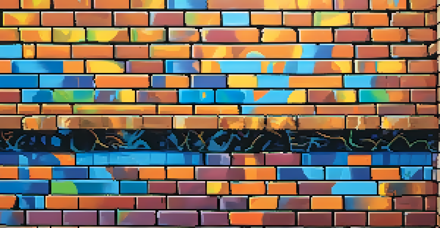Close-up of a colorful geometric graffiti piece on a brick wall, showcasing intricate details and textures.