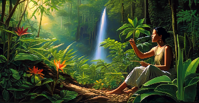 An herbalist in the Amazon rainforest, examining a medicinal plant among lush greenery and colorful flowers, with soft sunlight filtering through the trees.