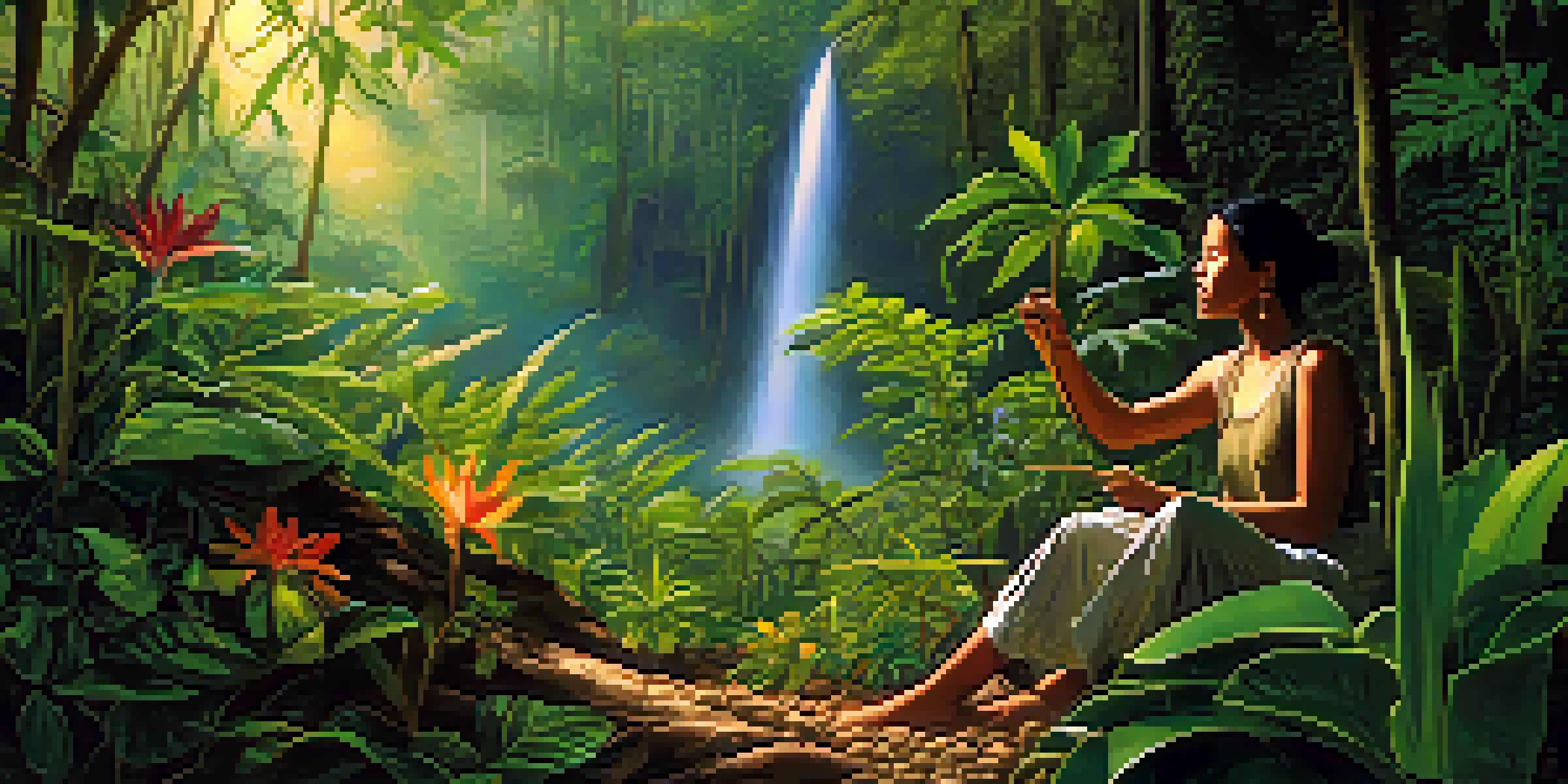 An herbalist in the Amazon rainforest, examining a medicinal plant among lush greenery and colorful flowers, with soft sunlight filtering through the trees.
