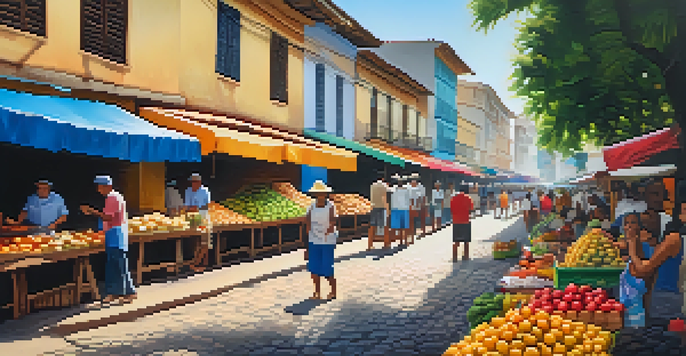A lively Brazilian street market with colorful fruit stalls and food vendors, capturing the essence of local culture.