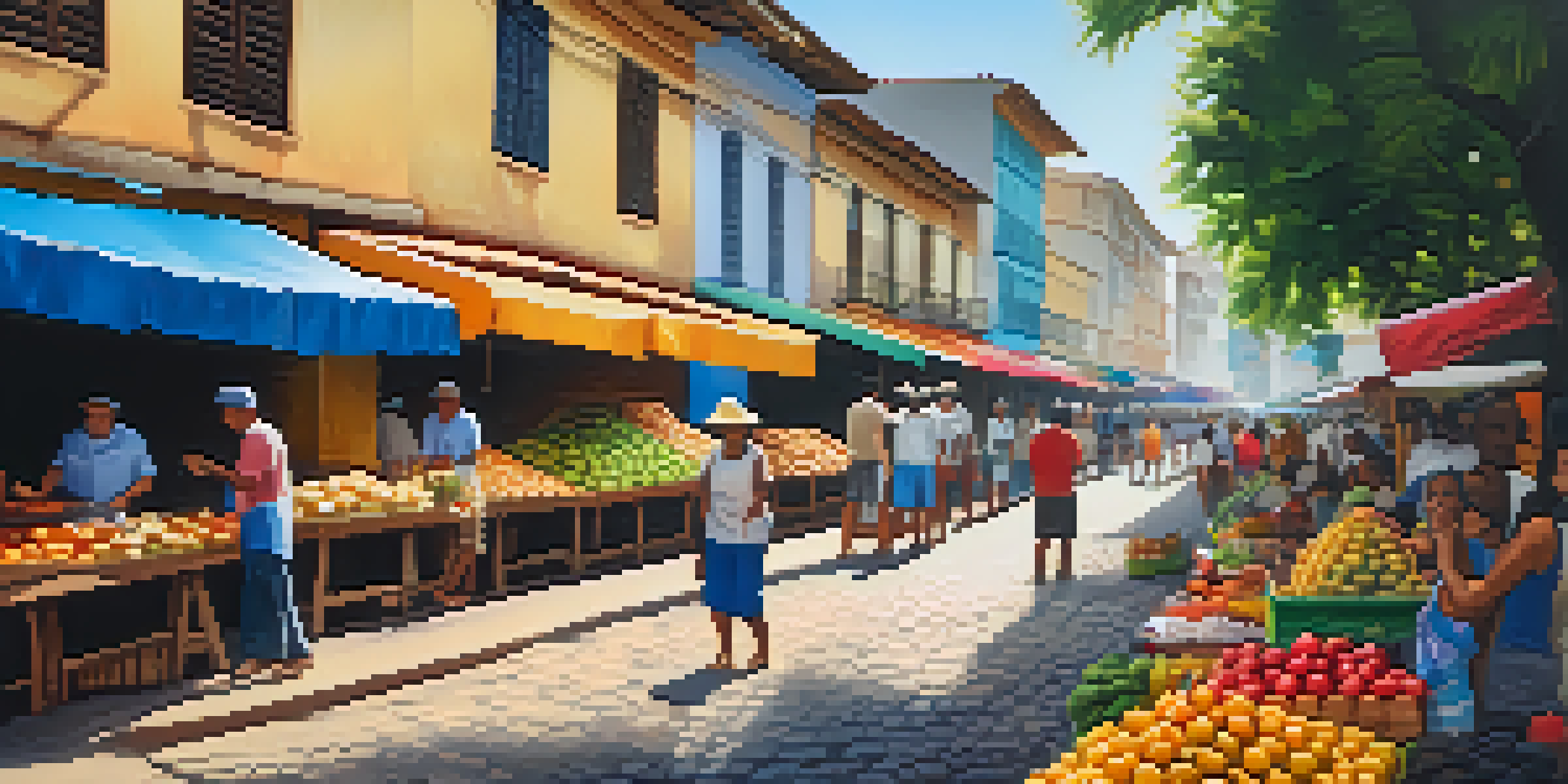 A lively Brazilian street market with colorful fruit stalls and food vendors, capturing the essence of local culture.