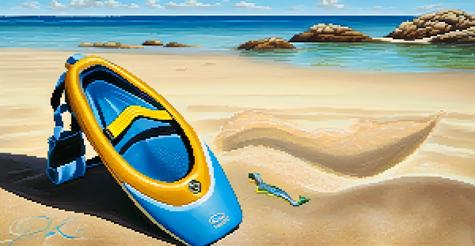 Close-up of snorkeling gear including a mask, snorkel, fins, and a wetsuit on a sandy beach with the ocean in the background.