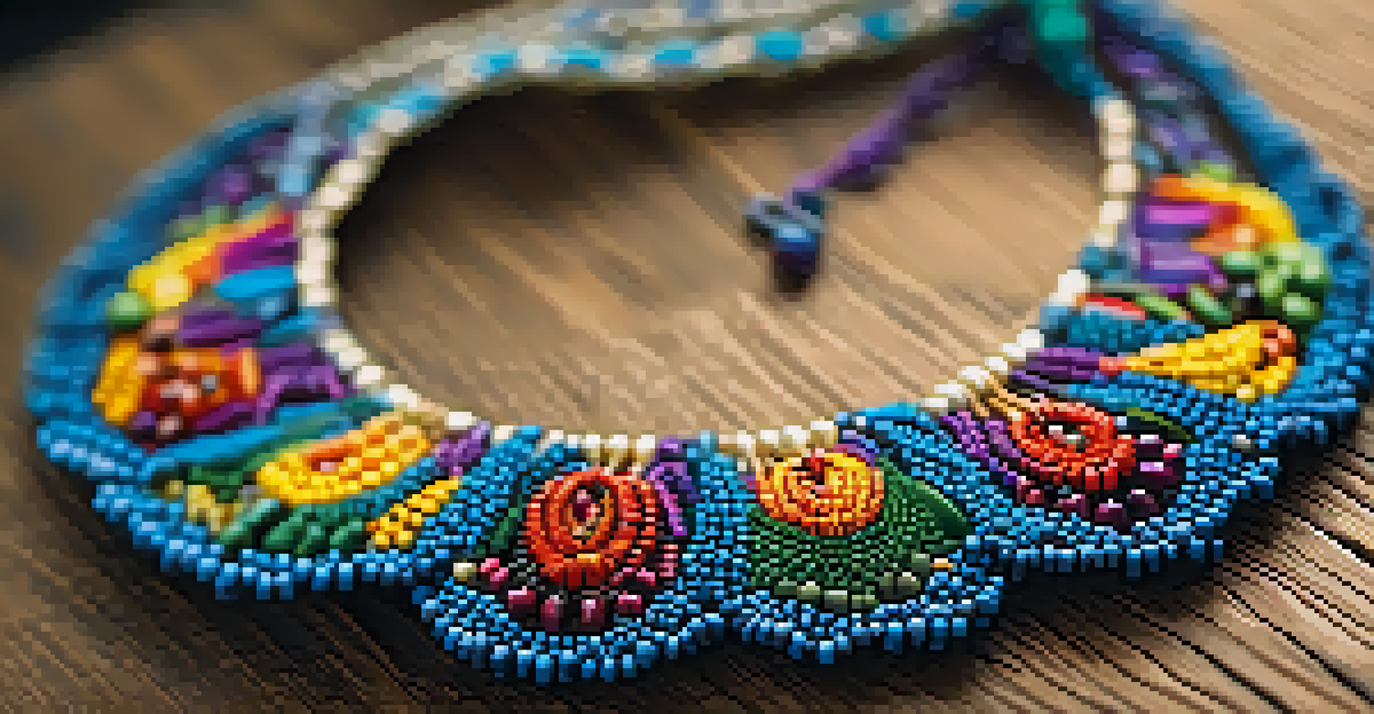 A close-up view of a colorful handcrafted necklace made from natural materials, displayed on a wooden surface.