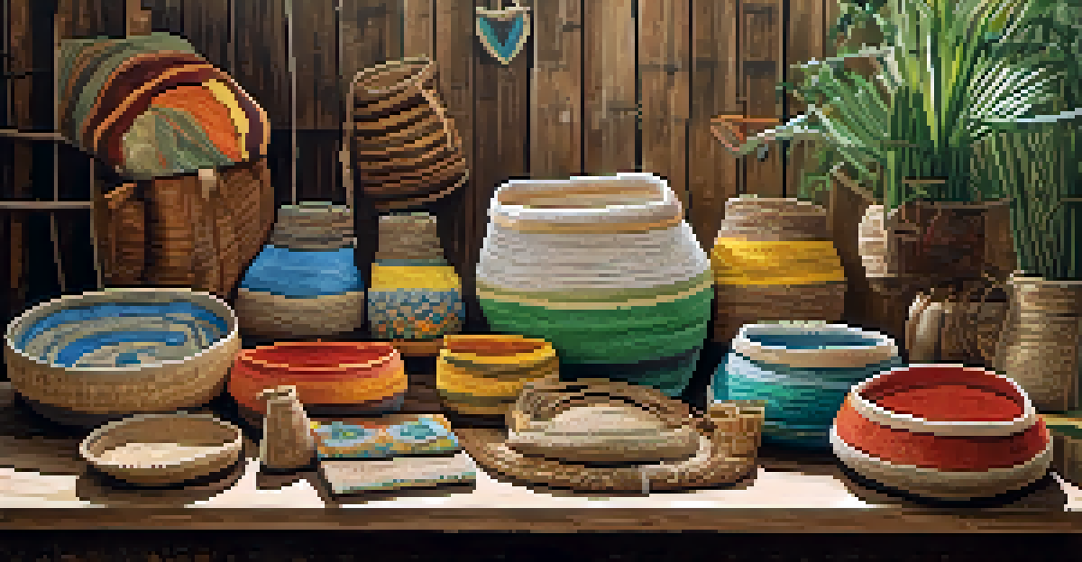 An artistic display of sustainable crafts made from recycled materials at a Brazilian agricultural fair, arranged on a rustic wooden table with natural lighting.