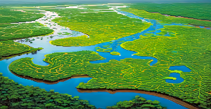 An aerial view of the Pantanal showcasing vibrant green wetlands and shimmering water bodies during the wet season.