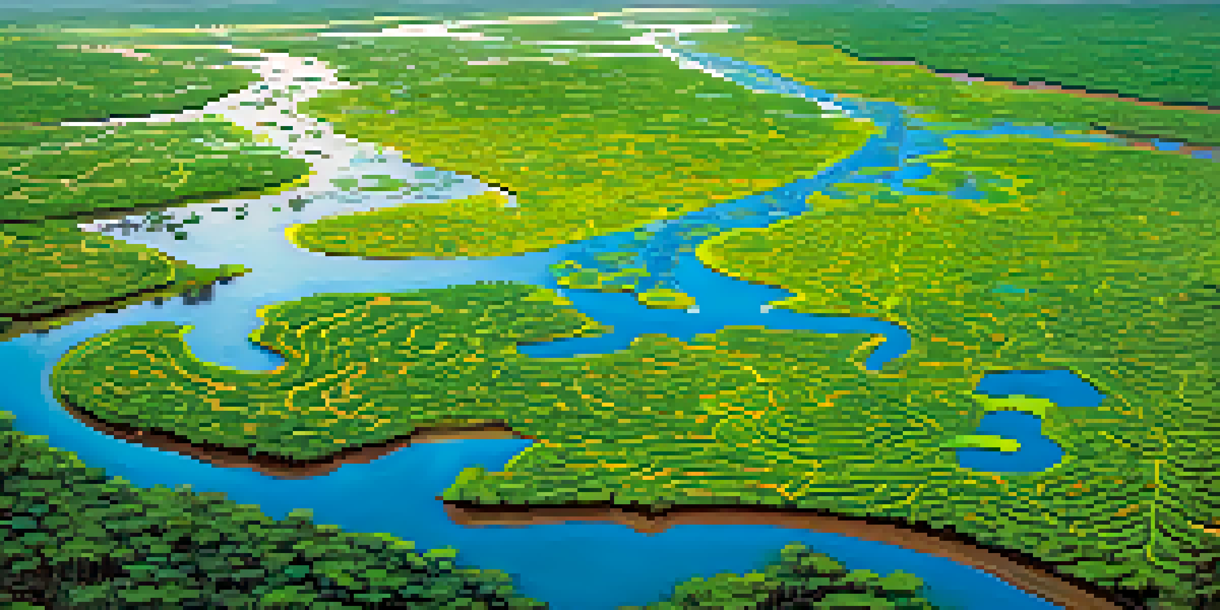 An aerial view of the Pantanal showcasing vibrant green wetlands and shimmering water bodies during the wet season.