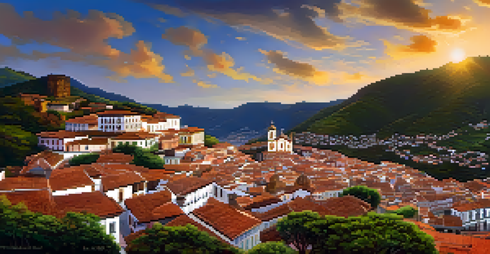 A scenic view of Ouro Preto, featuring the Church of Saint Francis of Assisi and surrounding mountains, illuminated by sunset light.