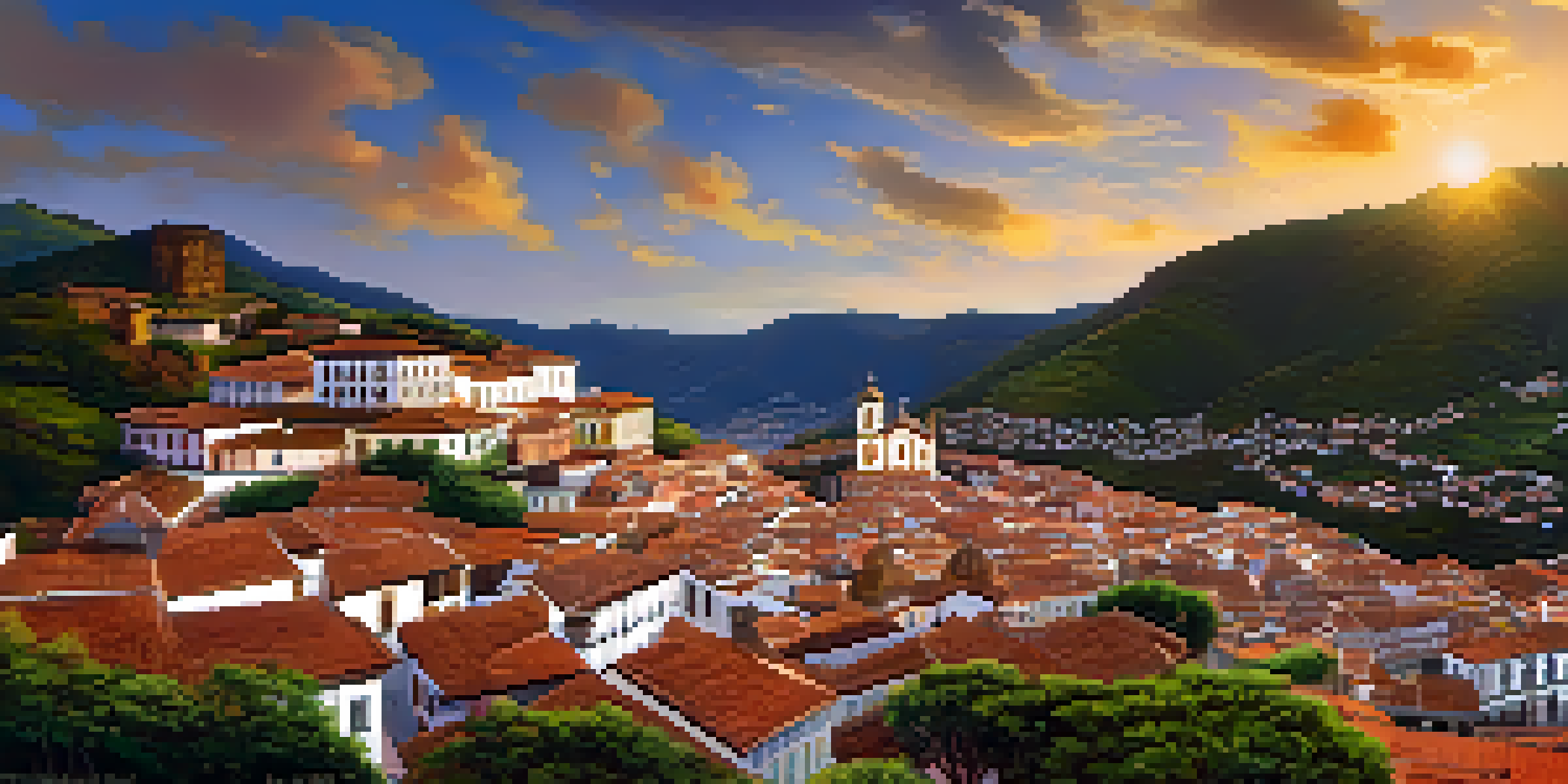 A scenic view of Ouro Preto, featuring the Church of Saint Francis of Assisi and surrounding mountains, illuminated by sunset light.