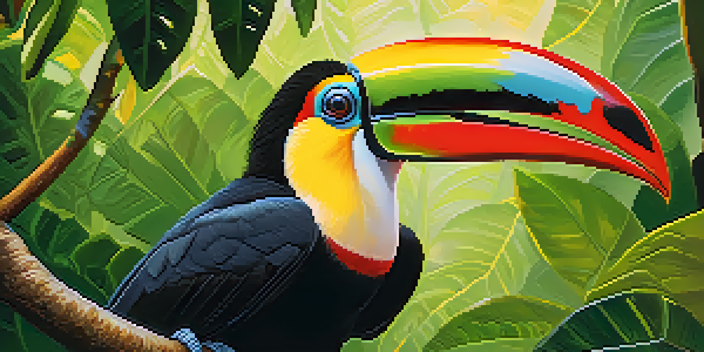 Close-up of a colorful toucan in the Amazon Rainforest with sunlight filtering through the leaves.