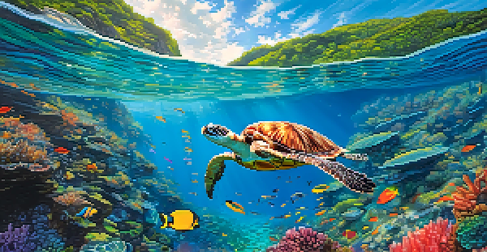 A snorkeler exploring an underwater paradise in Fernando de Noronha, with colorful fish and a sea turtle in clear blue water, surrounded by rocky cliffs and lush vegetation above.