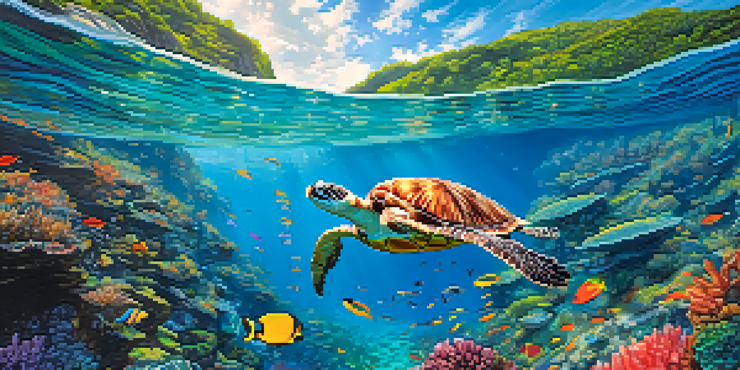 A snorkeler exploring an underwater paradise in Fernando de Noronha, with colorful fish and a sea turtle in clear blue water, surrounded by rocky cliffs and lush vegetation above.