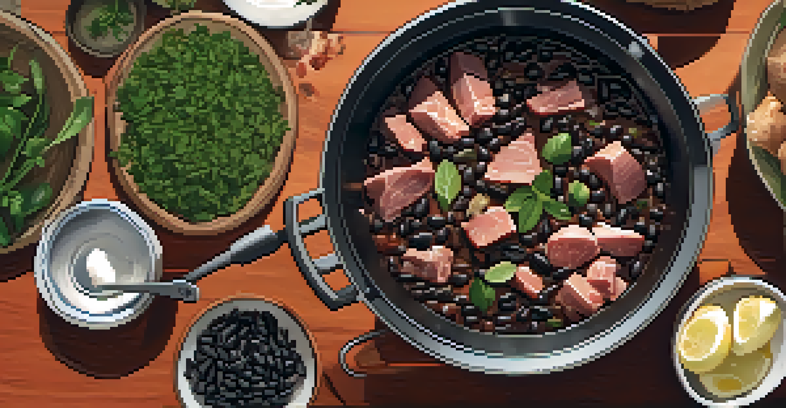 An overhead shot of a pot of feijoada simmering with ingredients, set in a bright and cozy kitchen.