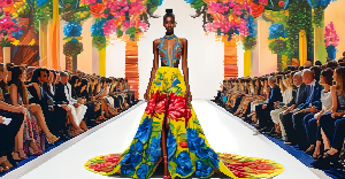 A model walks down a fashion runway in a colorful dress inspired by Brazilian culture, surrounded by an enthusiastic audience.
