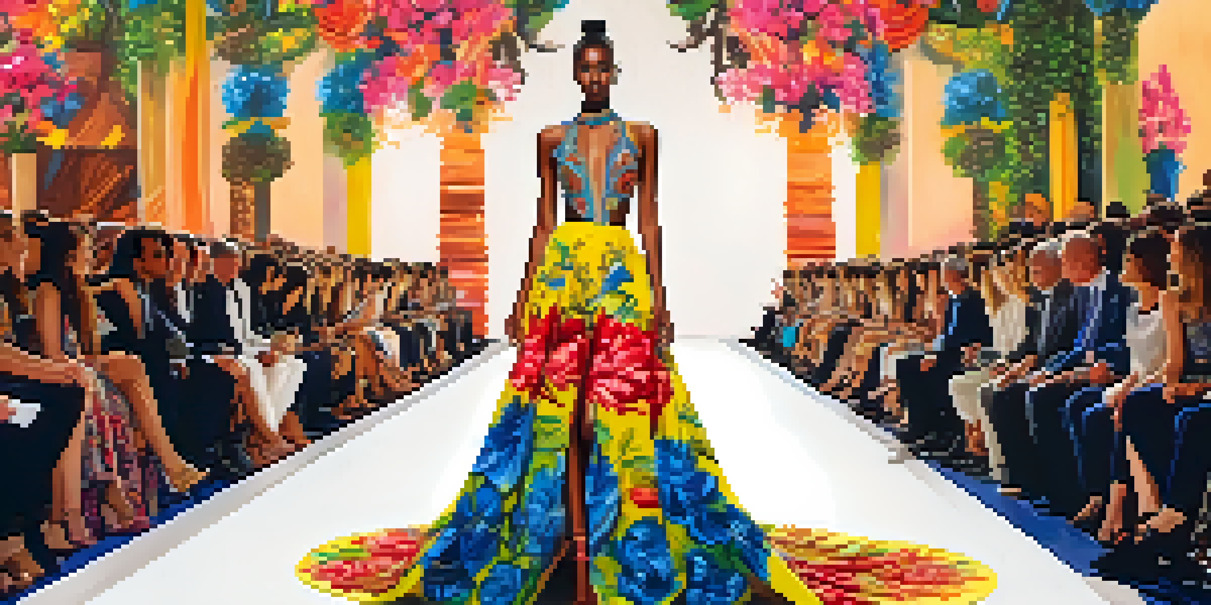 A model walks down a fashion runway in a colorful dress inspired by Brazilian culture, surrounded by an enthusiastic audience.