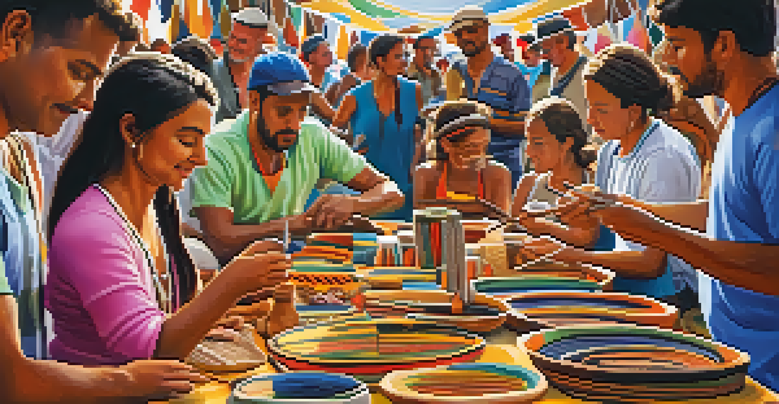 Artisans presenting their crafts at a Brazilian folk festival, featuring handmade pottery and textiles, with people admiring the intricate designs.