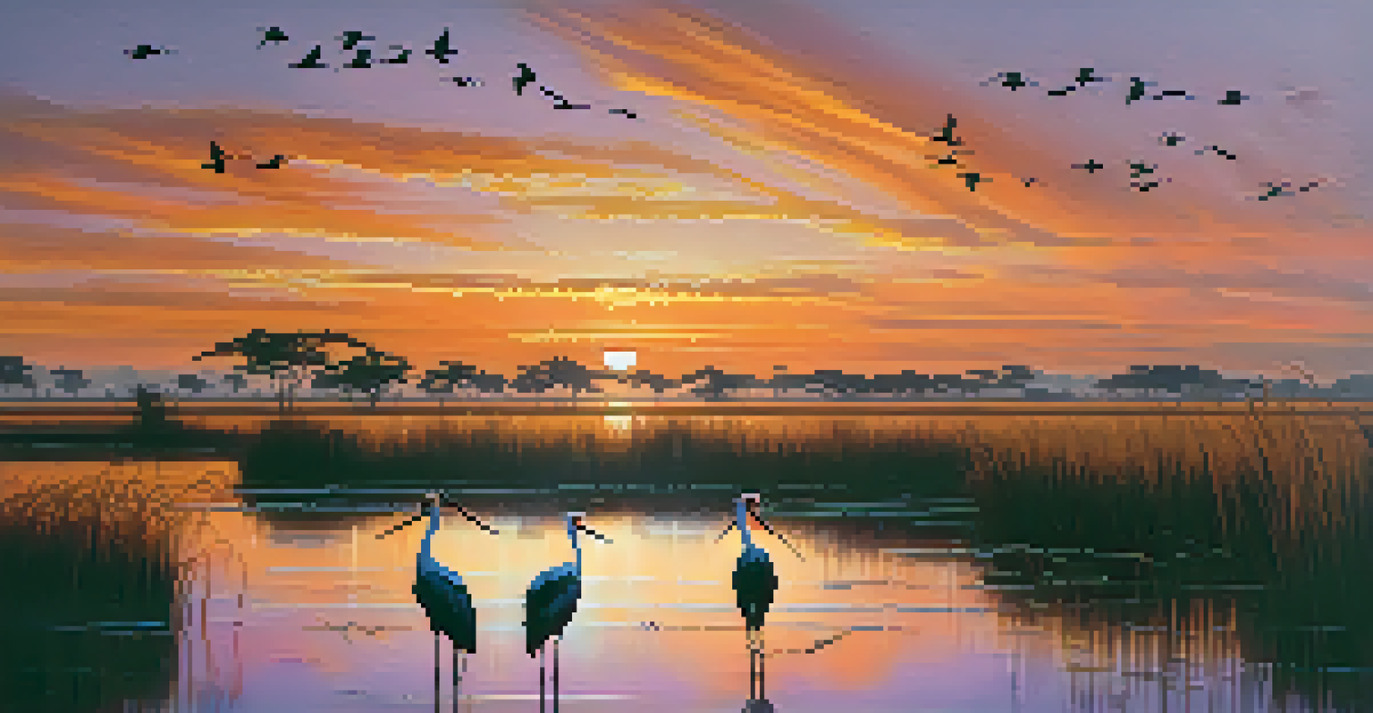 A sunset view of the Pantanal wetlands with jabiru storks wading in water and a colorful sky.