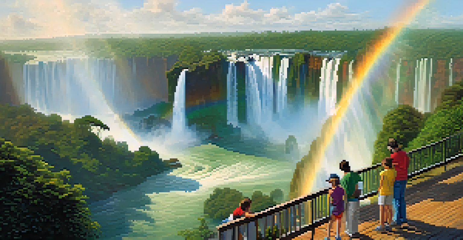 A family at Iguazu Falls, captivated by the stunning waterfalls and lush surroundings, with a rainbow visible in the mist.
