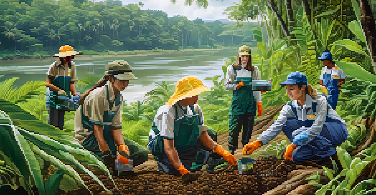 Volunteers planting trees by a river in the Amazon rainforest, surrounded by lush greenery and wildlife.