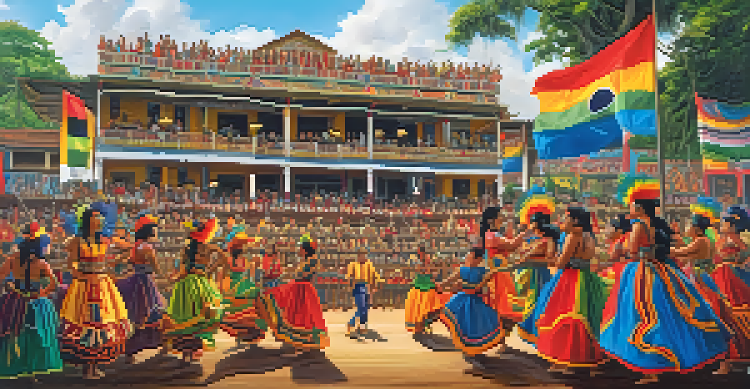 Performers in vibrant costumes at the Parintins Folklore Festival, representing the Garantido and Caprichoso teams, with an audience enjoying the theatrical performance.