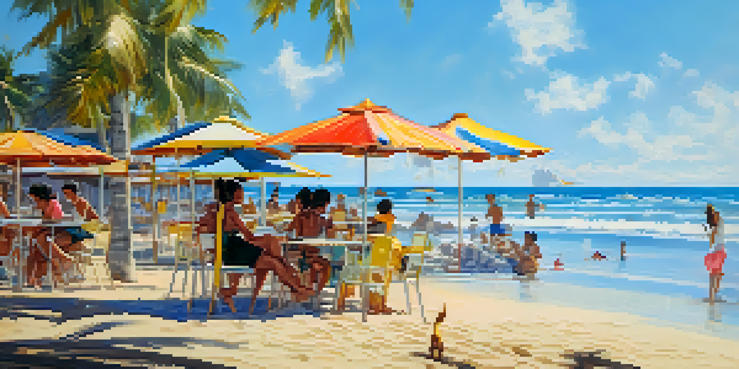 A beach scene at Praia do Futuro, featuring a dog running on the sand and its owner relaxing at a beach bar.