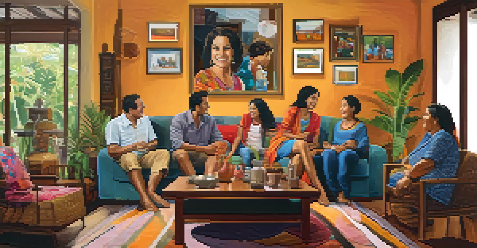 A family gathering in a cozy Brazilian living room, with members smiling and maintaining eye contact during a conversation, surrounded by colorful decor.