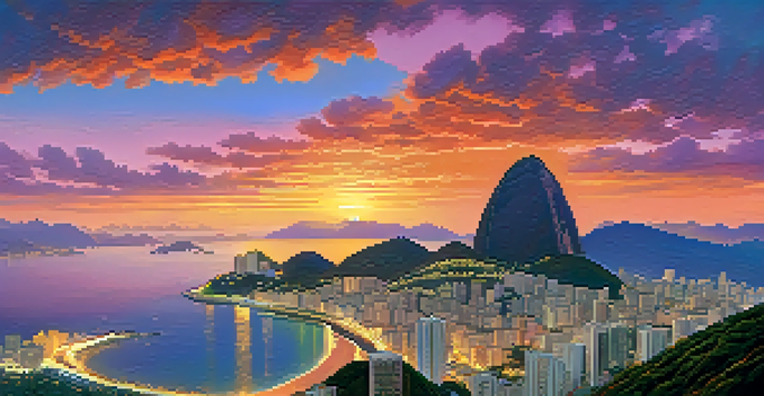 A climber at the summit of Sugarloaf Mountain, overlooking Rio de Janeiro at sunset with a colorful sky.