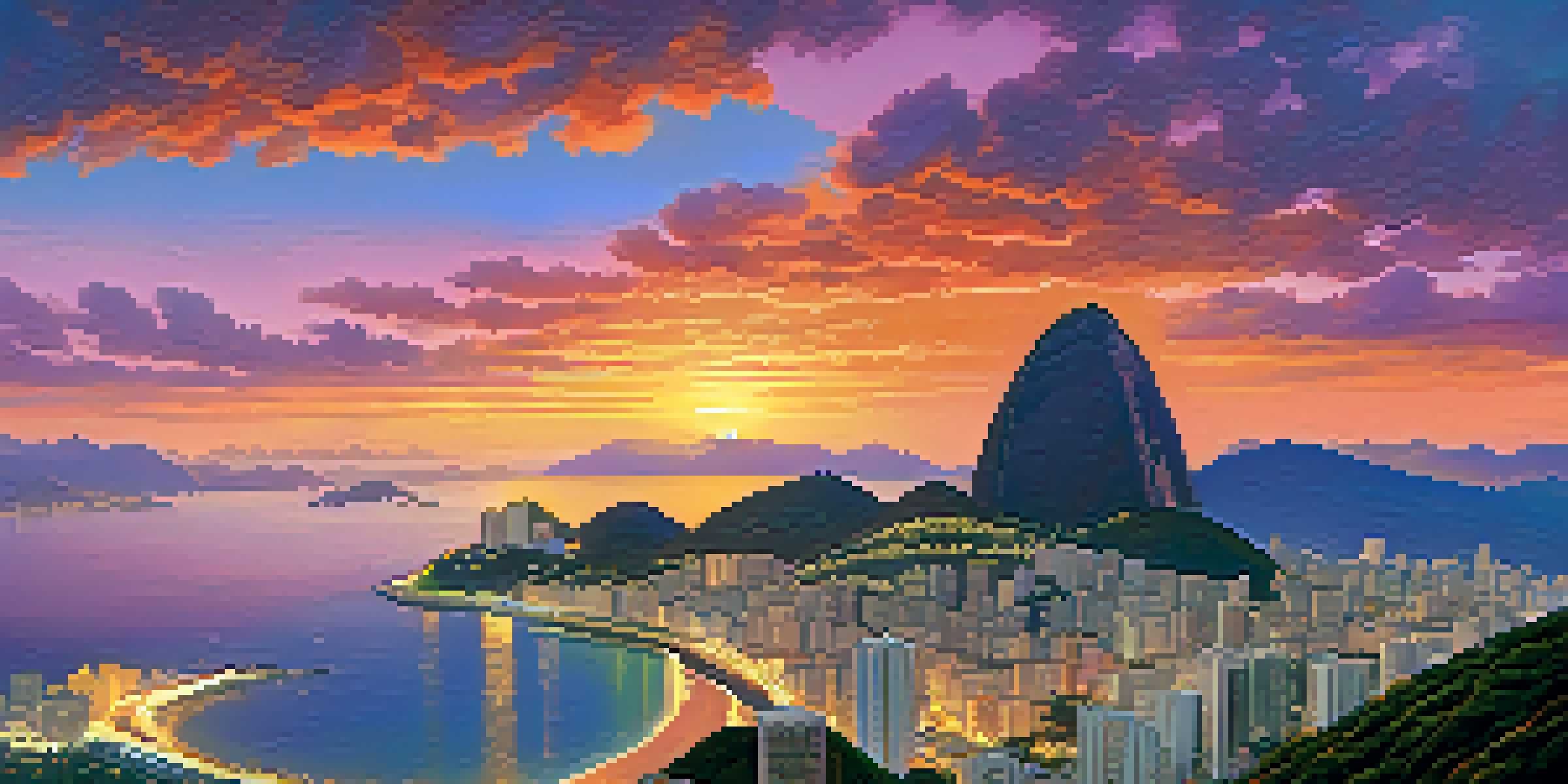 A climber at the summit of Sugarloaf Mountain, overlooking Rio de Janeiro at sunset with a colorful sky.