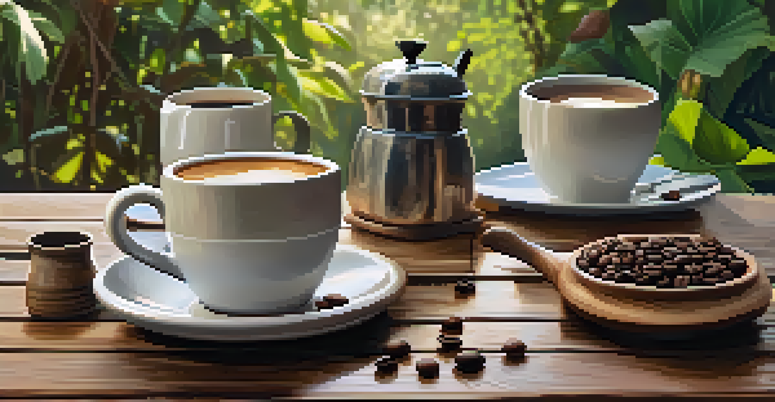 A rustic coffee tasting setup on a wooden table with various coffee cups and beans surrounded by greenery in Minas Gerais.