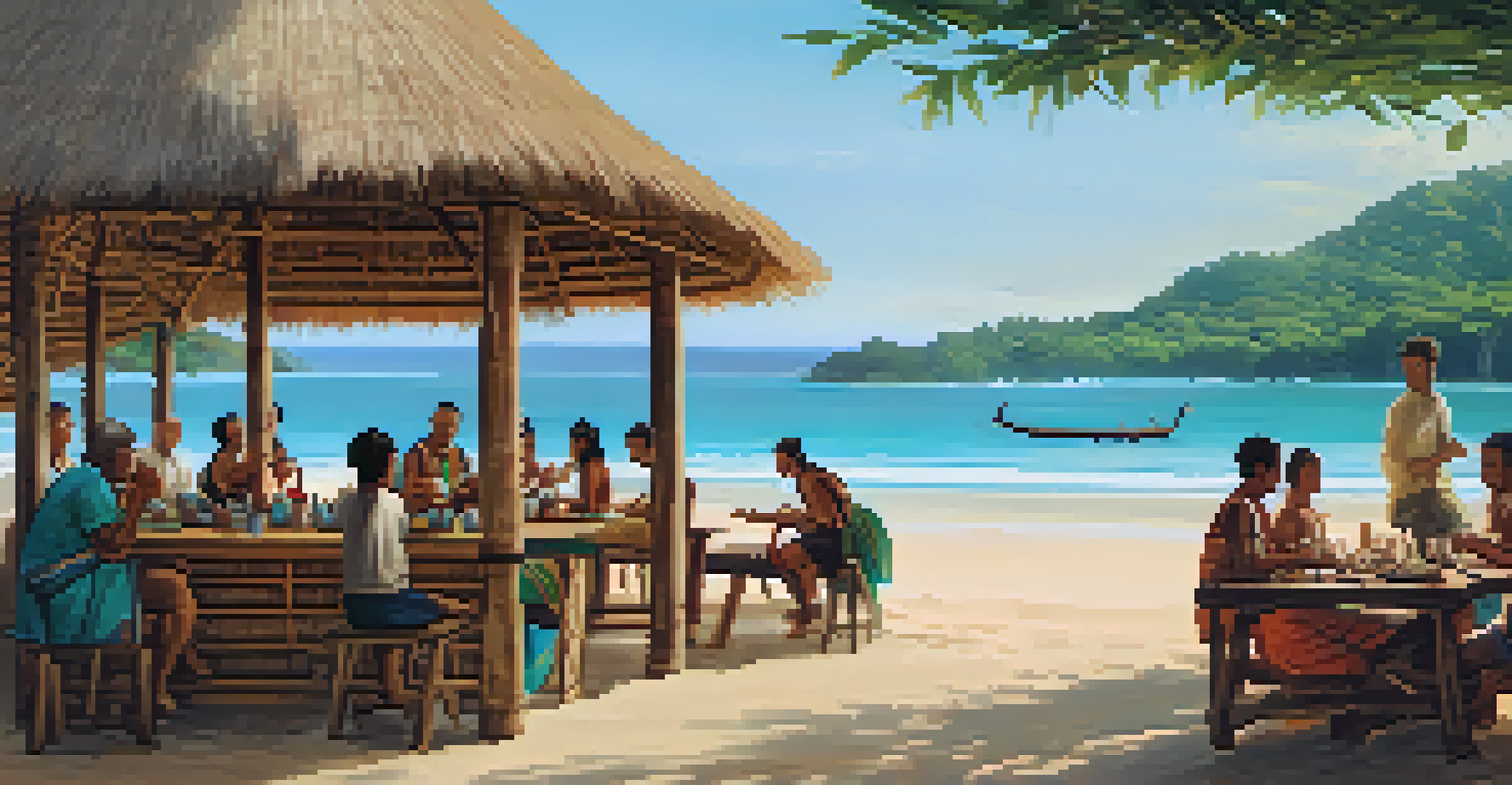 A beachside eco-lodge in São Paulo with bamboo structures, overlooking a sandy beach and showcasing local artisans and cuisine.