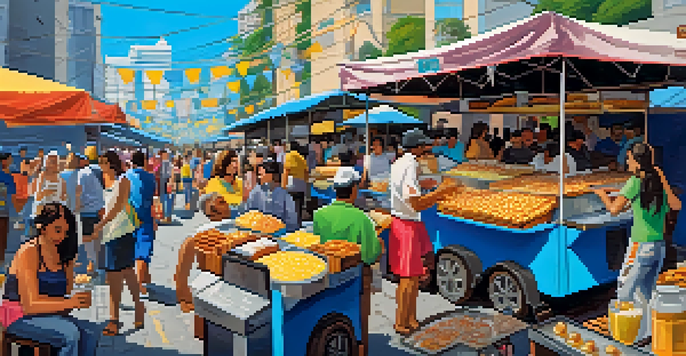 A lively street food market in São Paulo with vendors and colorful Brazilian snacks.