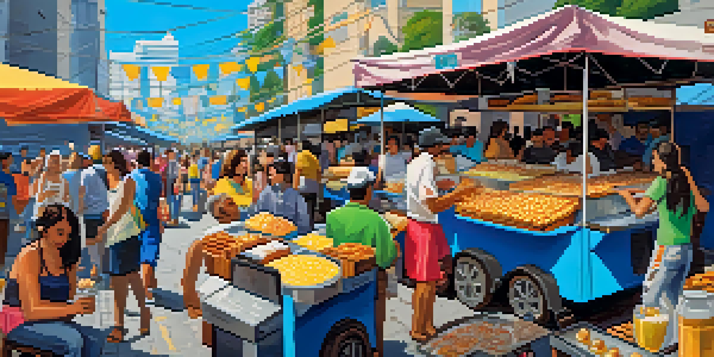 A lively street food market in São Paulo with vendors and colorful Brazilian snacks.