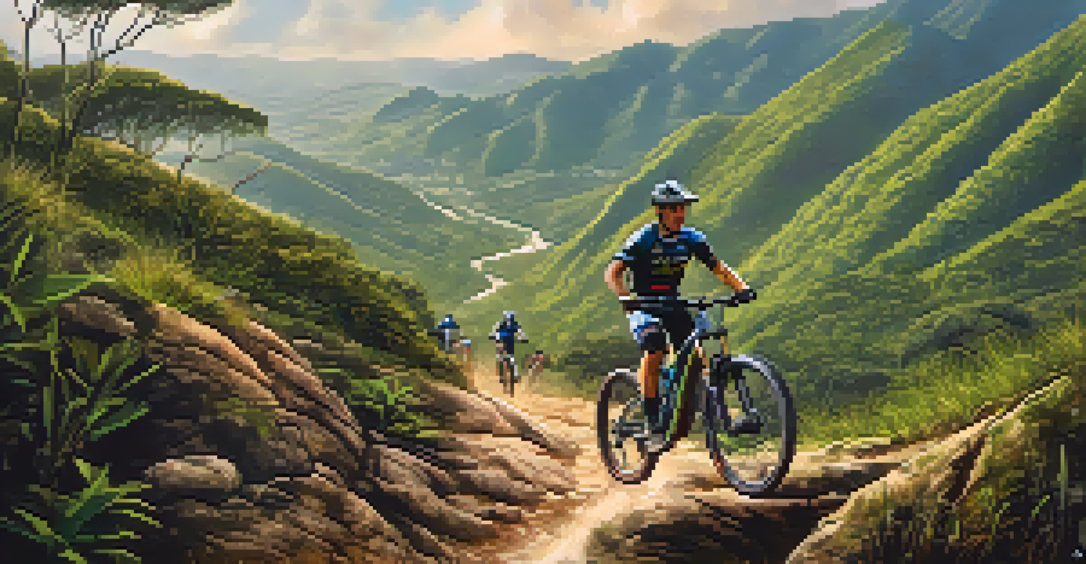 Mountain bikers navigating rugged trails at the MTB Festival in Belo Horizonte, with the stunning landscapes of Serra do Curral in the background.