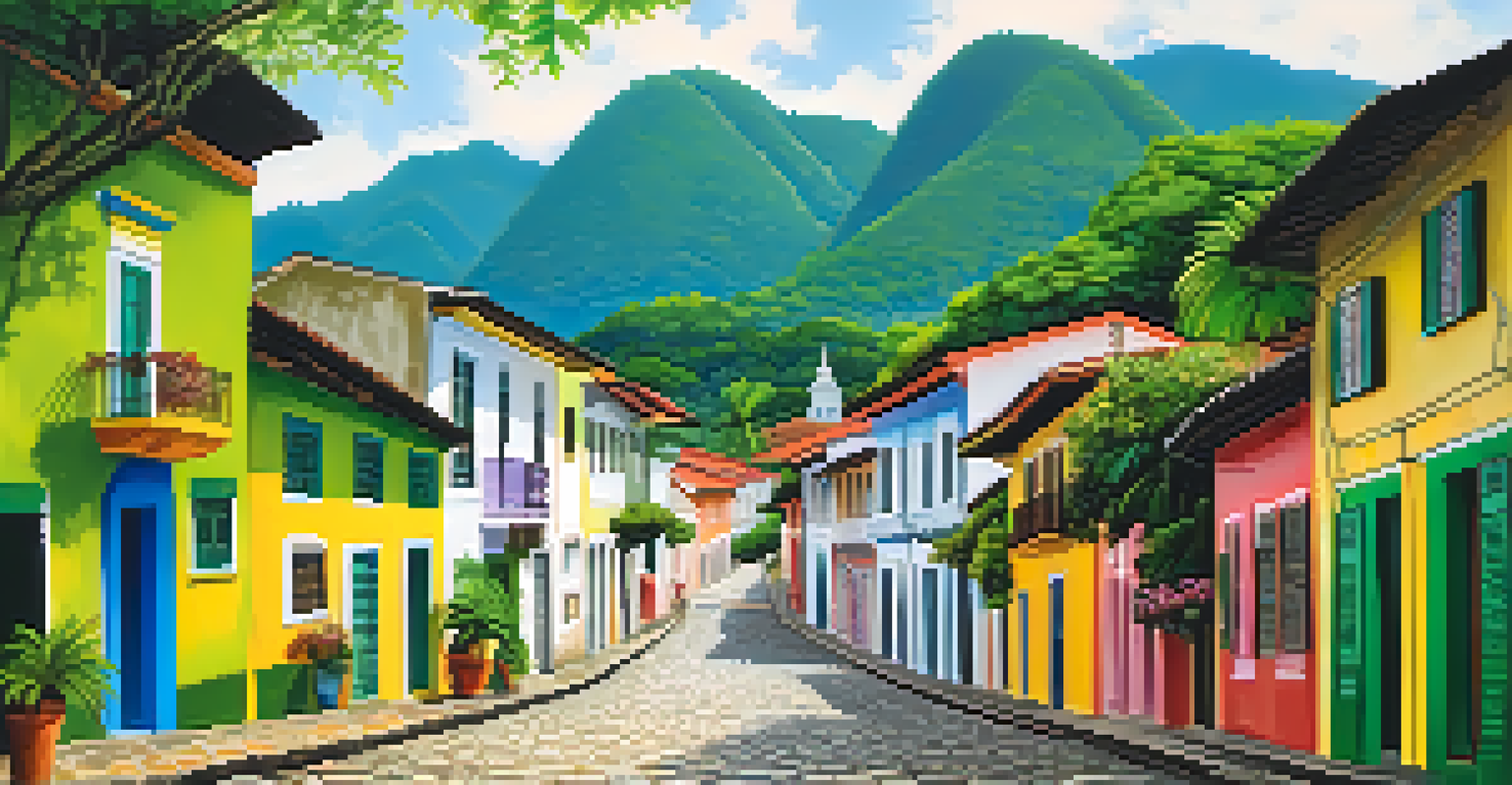 A picturesque view of Paraty, Brazil, showing colorful colonial houses and cobblestone streets with mountains in the background.