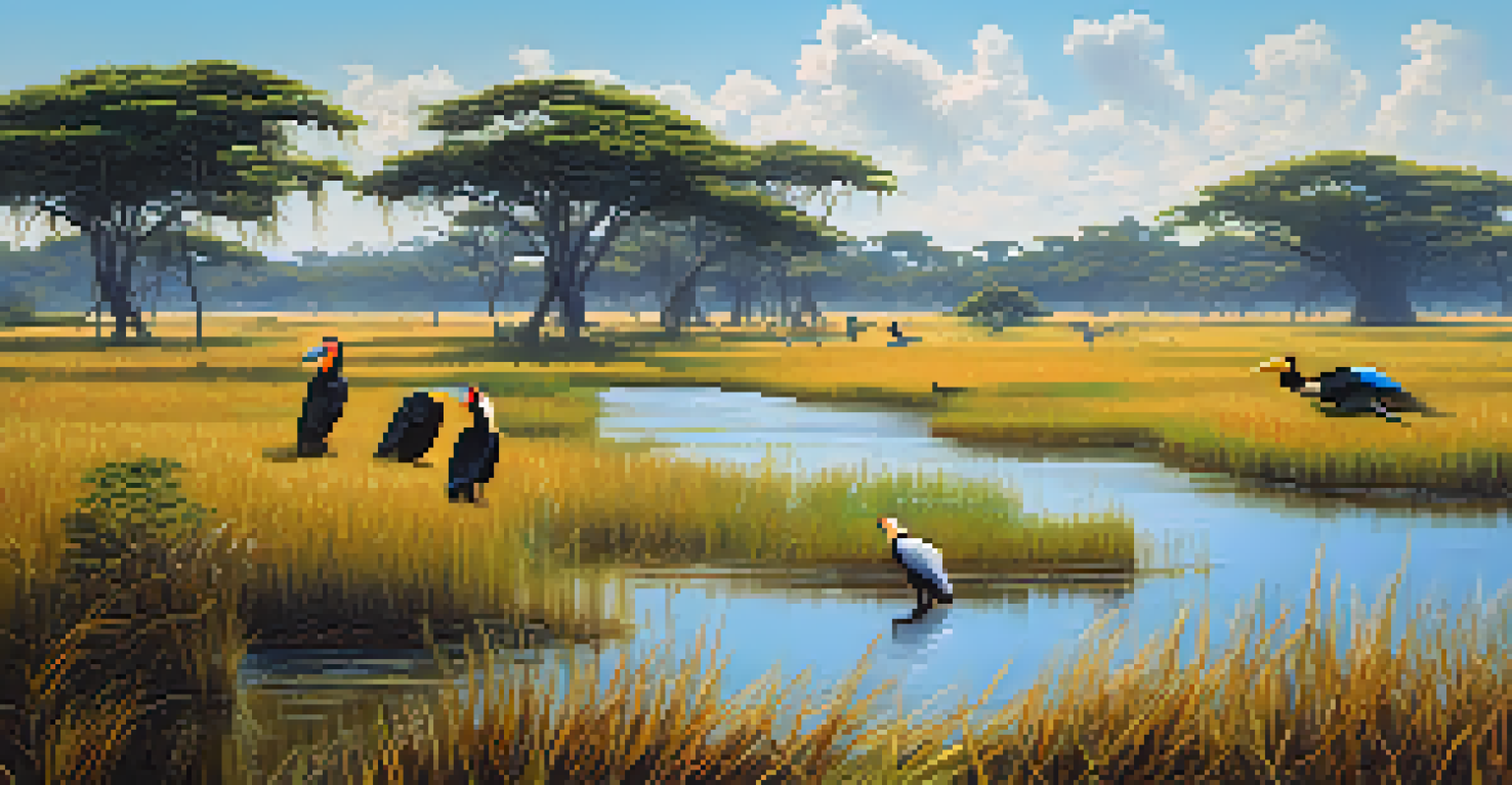 A sunny scene in the Pantanal wetlands with capybaras and a toucan in a grassy landscape.