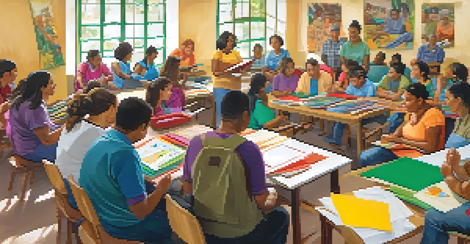 An educational workshop in a Brazilian community center with a diverse group of adults learning from an instructor, surrounded by colorful materials and posters.