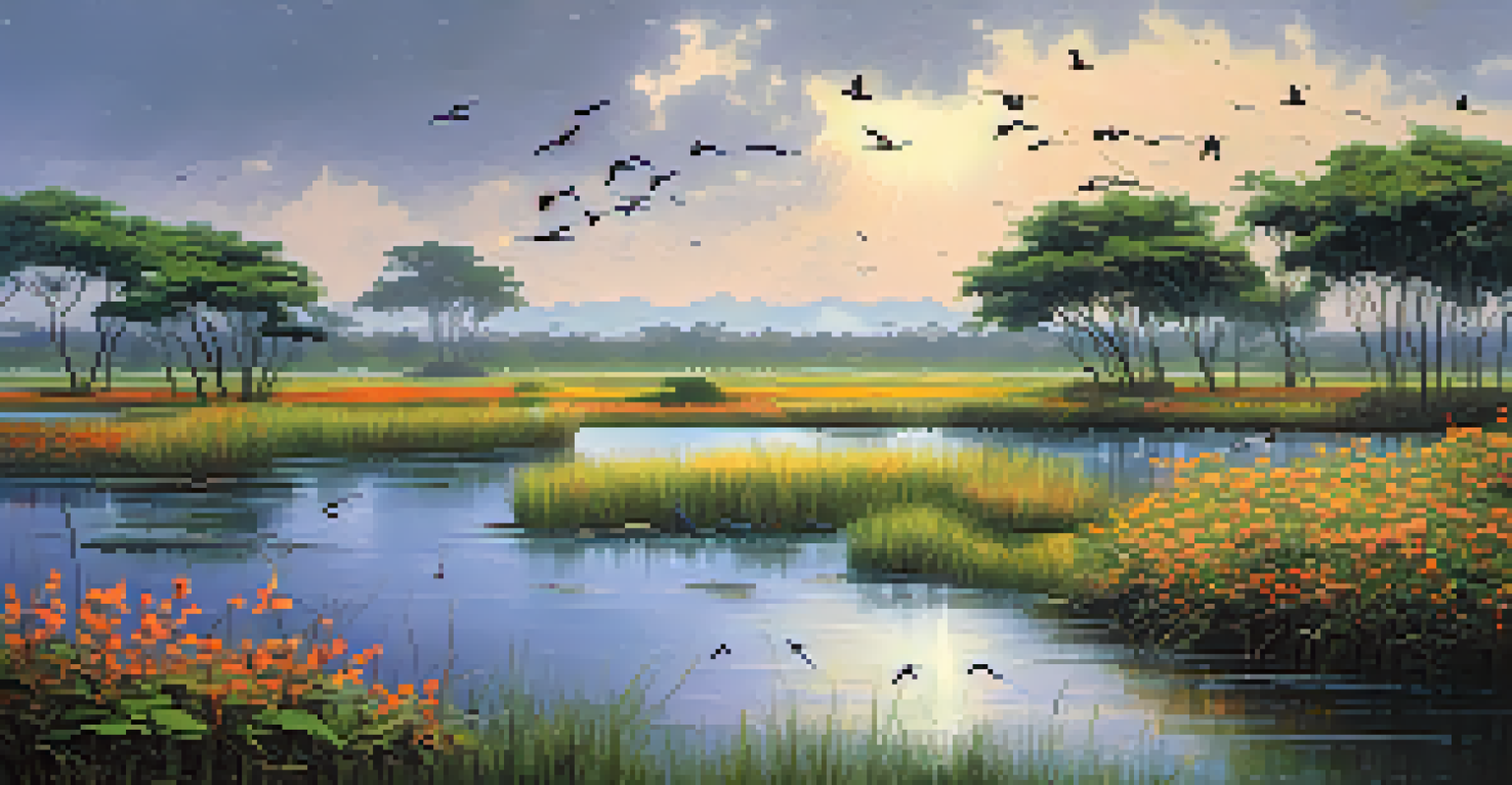 Landscape of the Pantanal during the rainy season with a shimmering lake and vibrant flowers, featuring migratory birds in the sky.