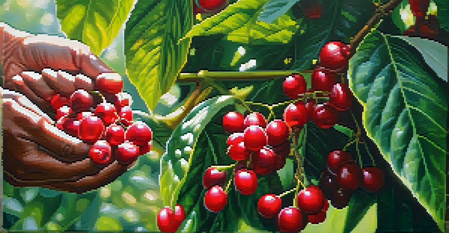Close-up of hands picking ripe coffee cherries from a coffee plant in a vibrant Brazilian plantation.