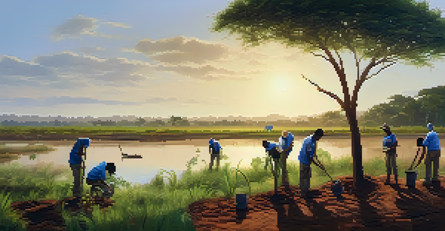 A group of diverse volunteers planting trees in a Brazilian landscape, smiling and working together.
